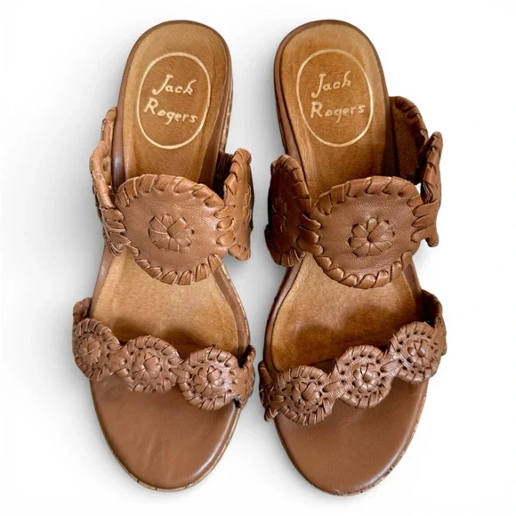 Jack Rogers Leigh Cognac Brown Leather Cork Wedge Sandals Women’s size 5 - Picture 6 of 11